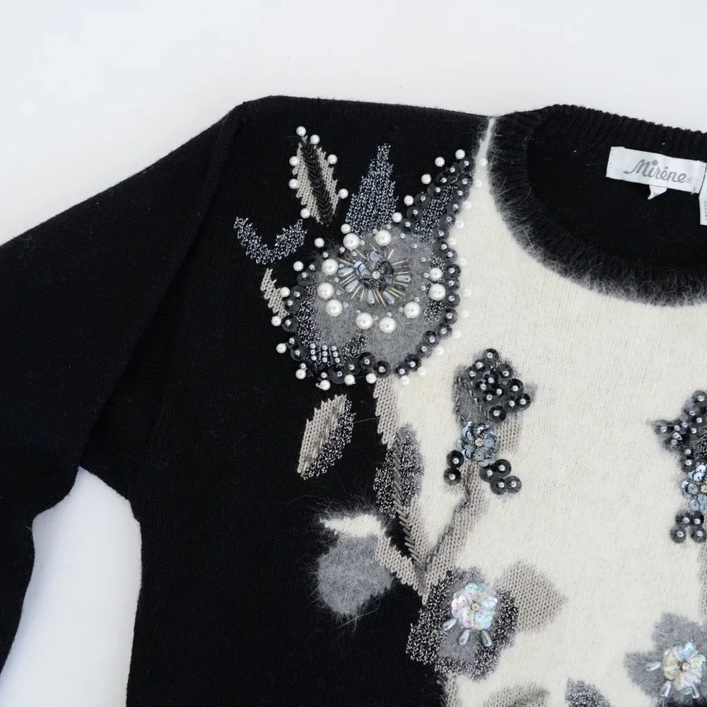 Vintage Angora Elegant Black and White Floral Sweater - Picture 11 of 13